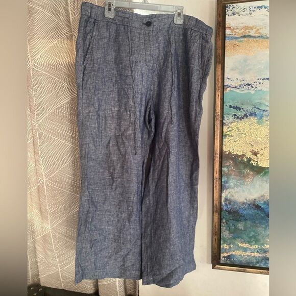 Opus Maritta Pants Women Blue Straight Wide Leg EU Size 42 Drawstring 100% Linen - Picture 5 of 15
